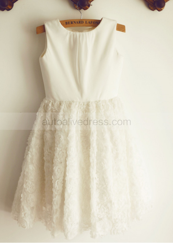 Ivory Cotton Rosseta Tulle Knee Length Flower Girl Dress